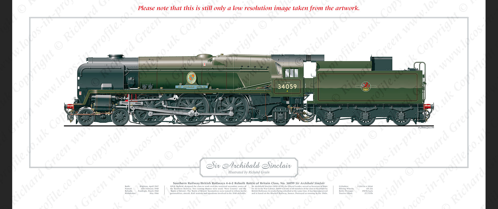 SR/BR Rebuilt Battle of Britain (Light Pacific) Class No. 34059 Sir Archibald Sinclair (O V S Bulleid / R. G. Jarvis) Steam Locomotive Print