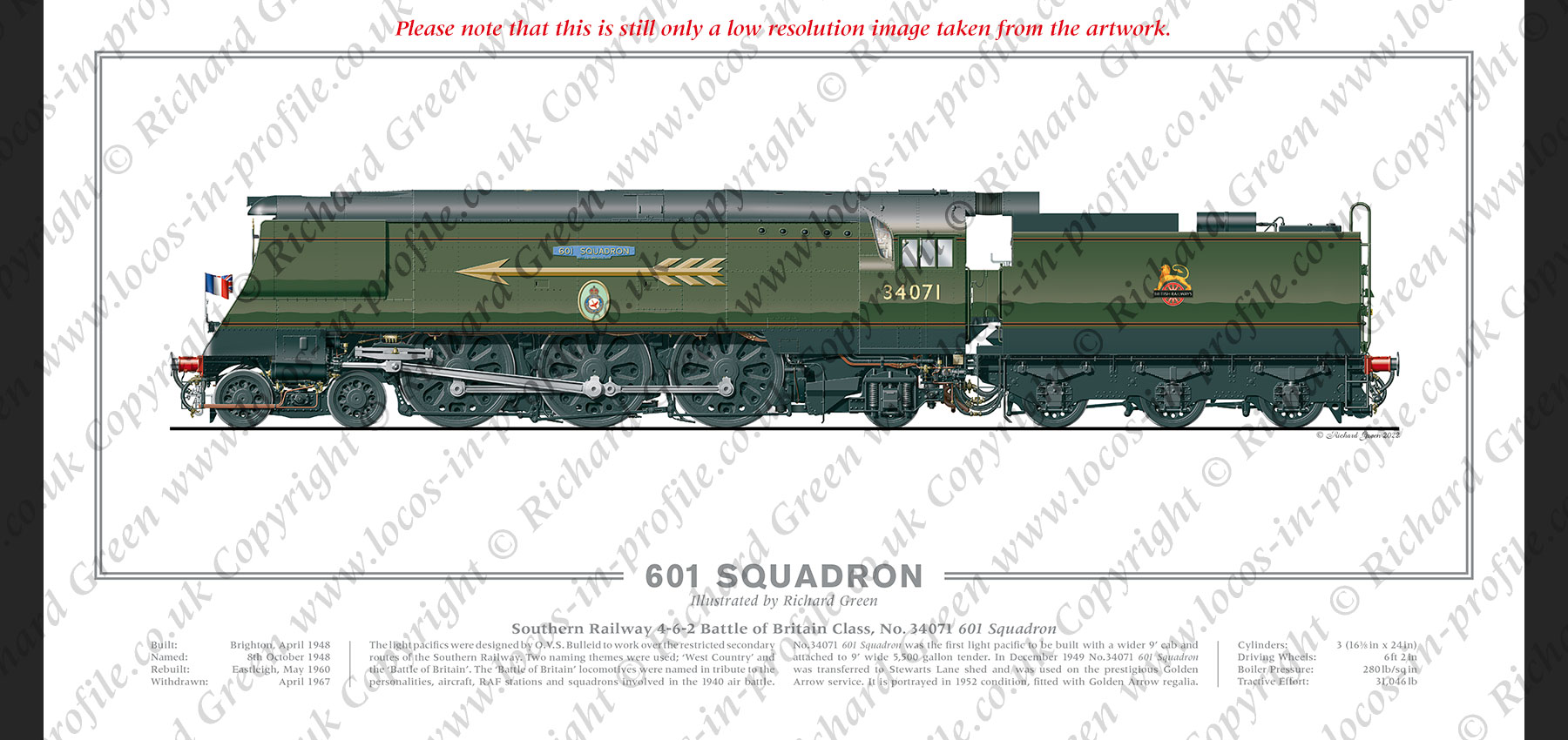 SR Battle of Britain (Light Pacific) Class No. 34071 601 Squadron (O V S Bulleid) Steam Locomotive Print