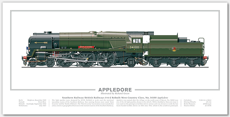 SR/BR Rebuilt West Country (Light Pacific) Class No. 34100 Appledore (O V S Bulleid / R G Jarvis) Steam Locomotive Print