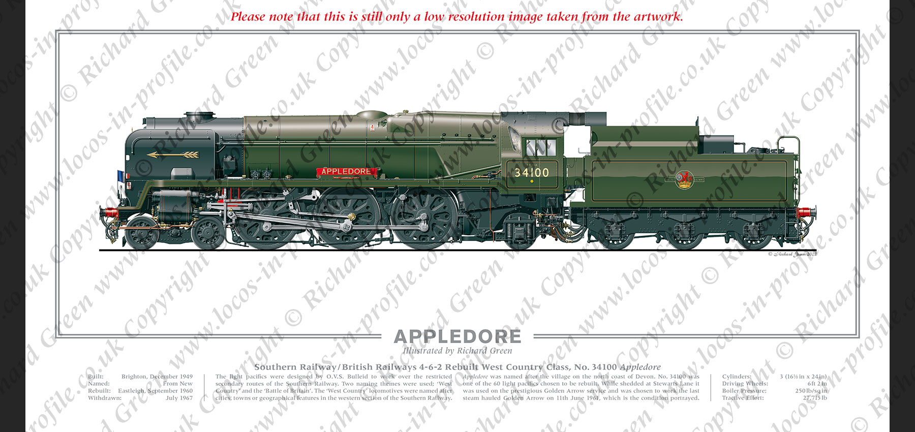 SR/BR Rebuilt West Country (Light Pacific) Class No. 34100 Appledore (O V S Bulleid / R G Jarvis) Steam Locomotive Print