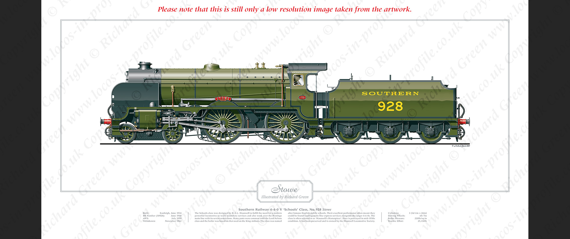 SR Schools Class No. 928 Stowe (R E L Maunsell) Steam Locomotive Print